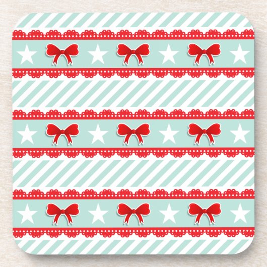 赤かわいらしミントホワイトクリストライプのスマスパターン コースター (正面)