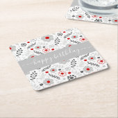 赤かわいらしモダンと灰色の花の誕生日 スクエアペーパーコースター (アングル)