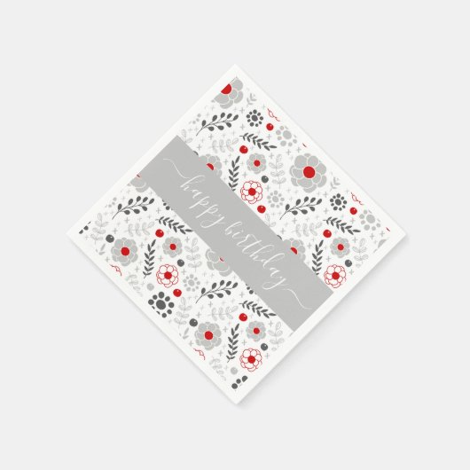 赤かわいらしモダンと灰色の花の誕生日 スタンダードカクテルナプキン (角)