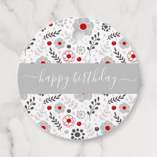 赤かわいらしモダンと灰色の花の誕生日 フェイバータグ (正面)