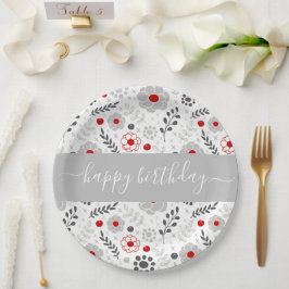 赤かわいらしモダンと灰色の花の誕生日 ペーパープレート