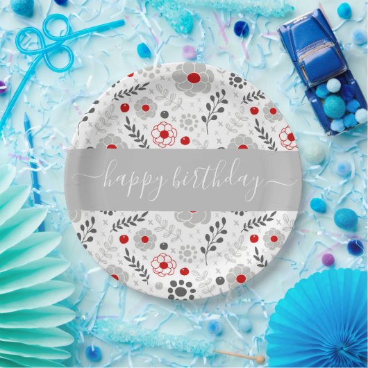 赤かわいらしモダンと灰色の花の誕生日 ペーパープレート (パーティー)