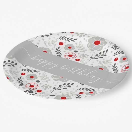 赤かわいらしモダンと灰色の花の誕生日 ペーパープレート (アングル)