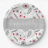 赤かわいらしモダンと灰色の花の誕生日 ペーパープレート (正面)