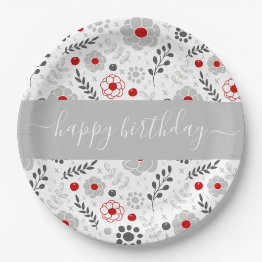 赤かわいらしモダンと灰色の花の誕生日 ペーパープレート (正面)