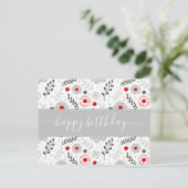 赤かわいらしモダンと灰色の花の誕生日 ポストカード (スタンド正面)