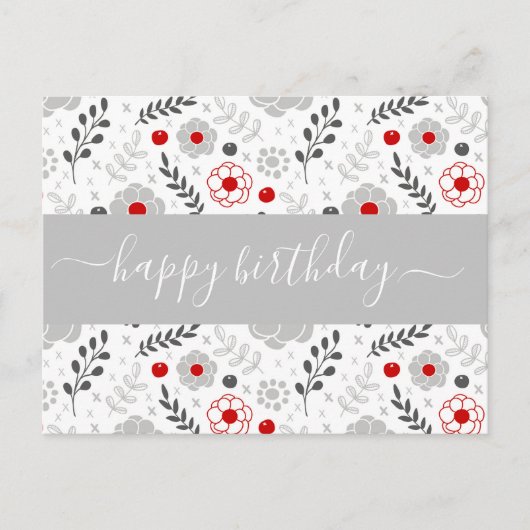 赤かわいらしモダンと灰色の花の誕生日 ポストカード (正面)