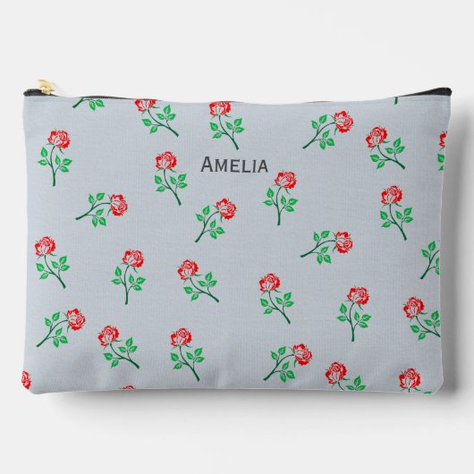 赤かわいらしローズパターンパステルブルーパーソナライズされた アクセサリーポーチ (正面)
