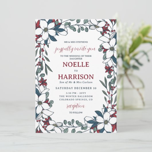 赤かわいらし白フローラフォーマルクリスマス結婚ズ 招待状 (スタンド正面)
