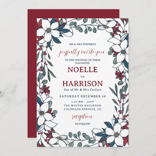 赤かわいらし白フローラフォーマルクリスマス結婚ズ 招待状 (正面/裏面)