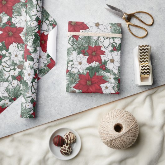 赤かわいらし白ポインセチアフローラクリスマスプレゼント ラッピングペーパー (クラフト)