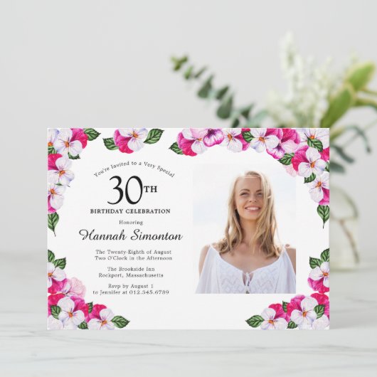 赤かわいらし紫ピンクの白い写真30歳の誕生日 招待状 (スタンド正面)