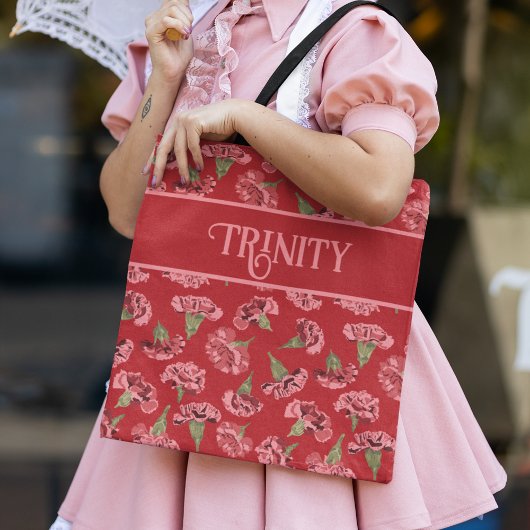 赤かわいらし色のカーネーションパーソナライズされた トートバッグ