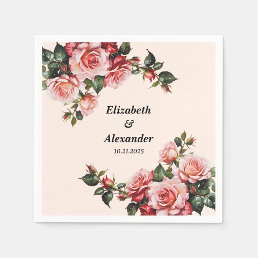 赤かわいらし色のバラ結婚の花 スタンダードカクテルナプキン (正面)