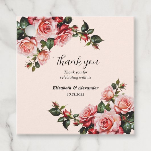 赤かわいらし色のバラ結婚の花 フェイバータグ (正面)