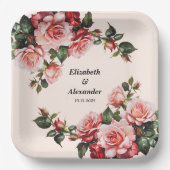 赤かわいらし色のバラ結婚の花 ペーパープレート (正面)