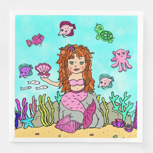 赤かわいらし髪の女の子の誕生日パーティー付き人魚 (正面)