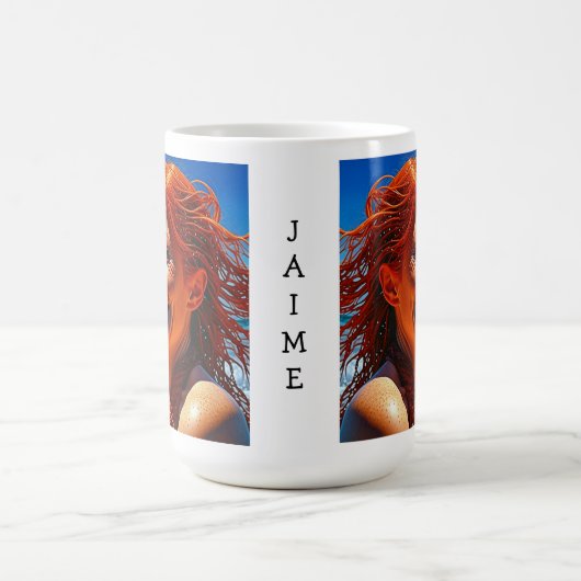 赤かわいらし髪レディーアットビーチパーソナライズされた コーヒーマグカップ (中央)