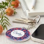 赤かわいらし鮮やか青フローラパーソナライズされた キーホルダー (正面右)