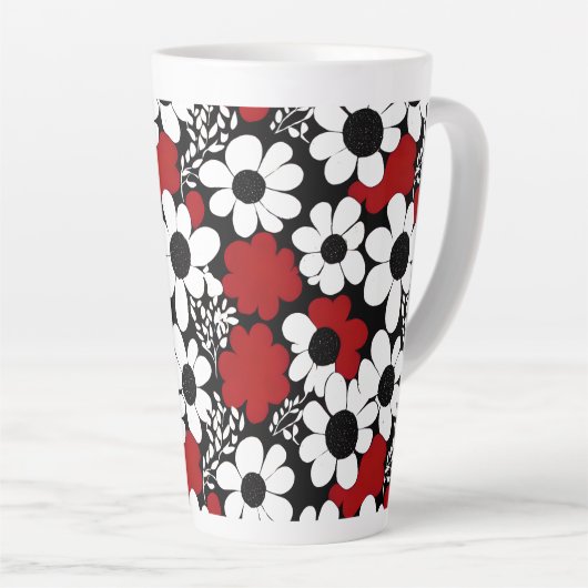 赤かわいらし、黒、白の花柄 カフェラテマグ (右アングル)