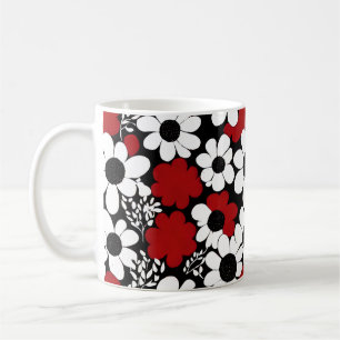 赤かわいらし、黒、白の花柄 コーヒーマグカップ