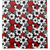 赤かわいらし、黒、白の花柄 シャワーカーテン (正面)