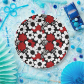 赤かわいらし、黒、白の花柄 ペーパープレート (パーティー)