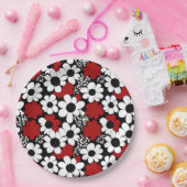 赤かわいらし、黒、白の花柄 ペーパープレート (パーティー)