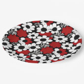 赤かわいらし、黒、白の花柄 ペーパープレート (アングル)