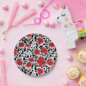 赤かわいらし、黒、白の花柄 ペーパープレート (パーティー)