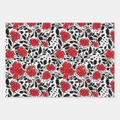 赤かわいらし、黒、白の花柄 ラッピングペーパーシート (正面3)