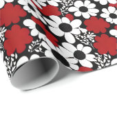 赤かわいらし、黒、白の花柄 ラッピングペーパー (ロールコーナー)