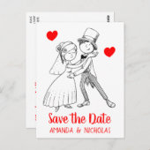 赤が日付の漫画結婚の新郎新婦を保存 ポストカード (正面/裏面)