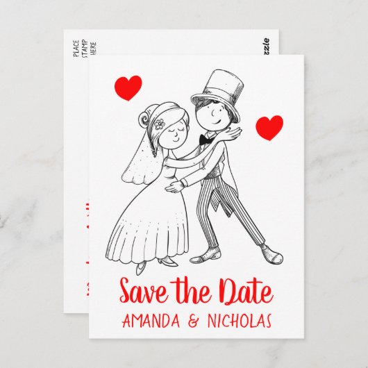 赤が日付の漫画結婚の新郎新婦を保存 ポストカード (正面/裏面)