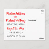 赤が日付の漫画結婚の新郎新婦を保存 ポストカード (裏面)