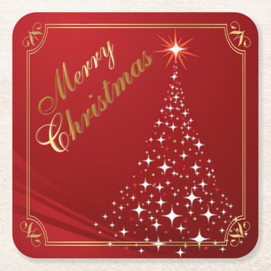赤きらめくのクリスマスツリー スクエアペーパーコースター (正面)