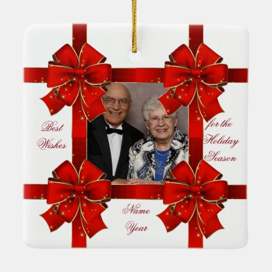 赤きらめく弓シーズンの挨拶の写真 セラミックオーナメント (裏面)