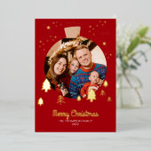 赤きらめく松の木クリスマスボール写真フレーム 箔シーズンカード (立ち正面)