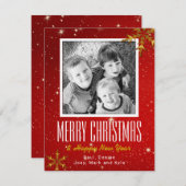 赤きらめく金ゴールドフラットフォトクリスマスカード シーズンカード (正面/裏面)