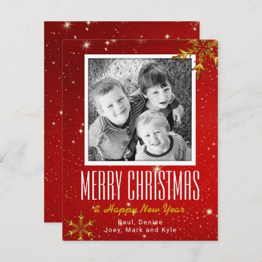 赤きらめく金ゴールドフラットフォトクリスマスカード シーズンカード (正面/裏面)
