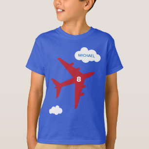 赤くおよび青の子供の飛行機の誕生会のTシャツ Tシャツ