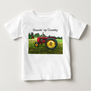 赤くおよび黄色の農場トラクター ベビーTシャツ