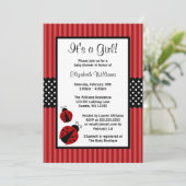 赤くおよび黒いてんとう虫のストライプのな点のベビーシャワー 招待状 (スタンド正面)