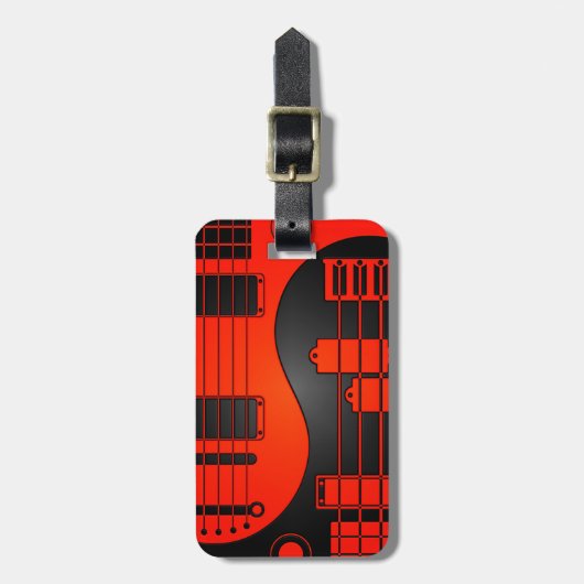 赤くおよび黒いギターおよび低音の陰陽 ラゲッジタグ (正面縦)