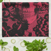 赤くおよび黒いゴシック様式レースの頭骨 キッチンタオル (折り畳み)