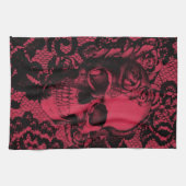 赤くおよび黒いゴシック様式レースの頭骨 キッチンタオル (横)