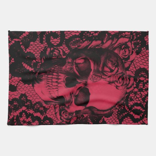 赤くおよび黒いゴシック様式レースの頭骨 キッチンタオル (横)