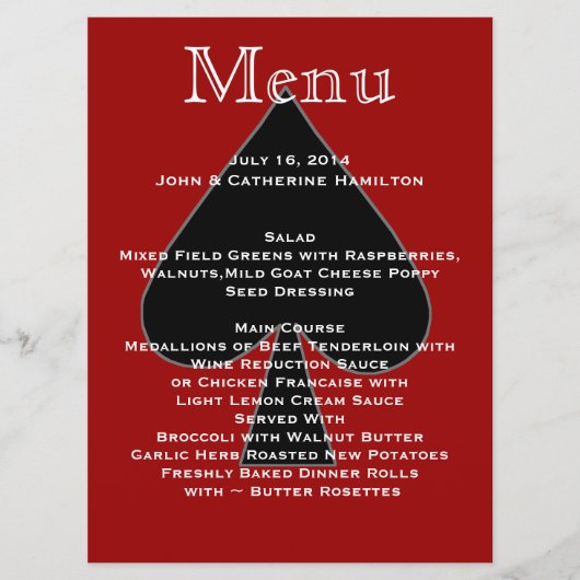 赤くおよび黒いスペードのカスタムな結婚式メニュー メニュー (正面)
