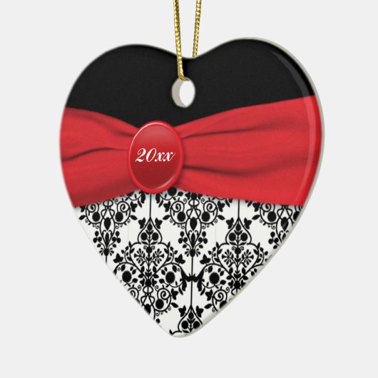 赤くおよび黒いダマスク織のクリスマスの記念品のオーナメント セラミックオーナメント (左)