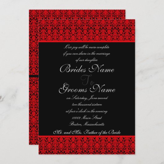 赤くおよび黒いダマスク織の結婚式招待状 招待状 (正面/裏面)